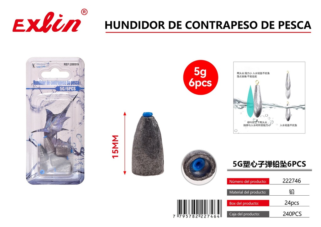 [222746] Colgante de plomo de bala con núcleo de plástico 5G 6PCS