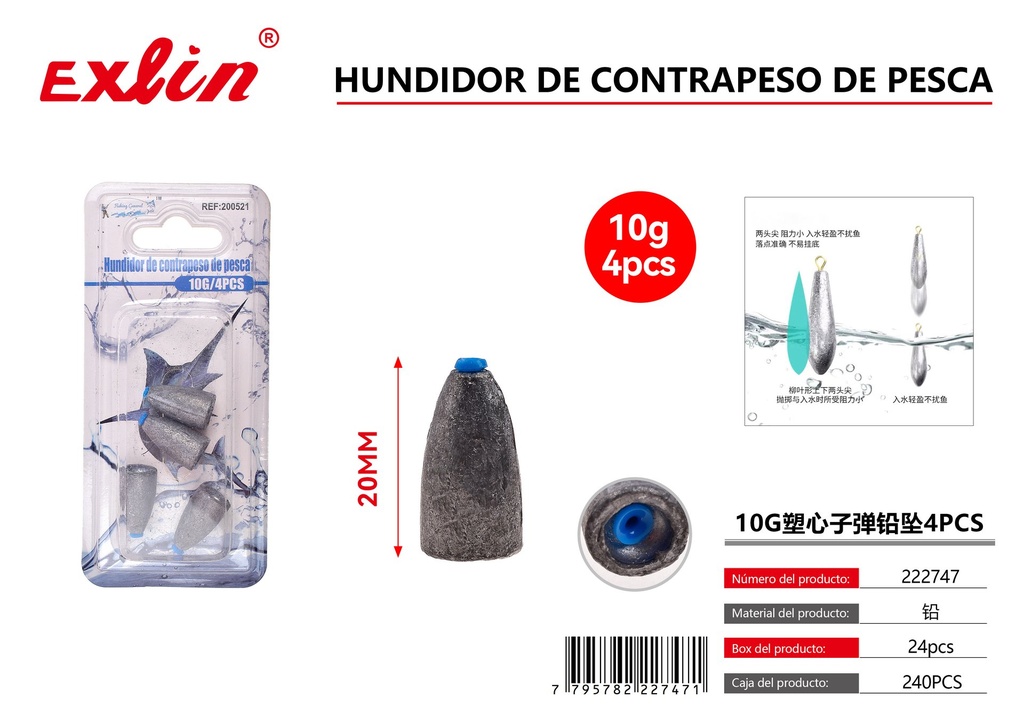 [222747] Colgante de plomo de bala con núcleo de plástico de 10G, 4 Uds.