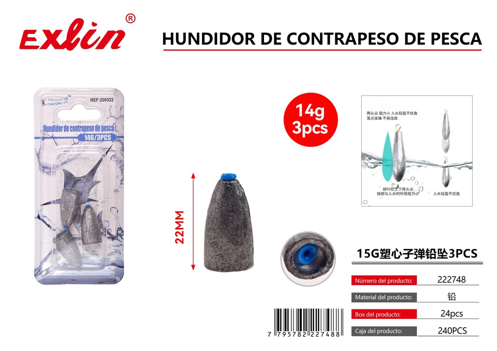 [222748] Bullet lead pendant with 15G plastic core, 3 pcs.