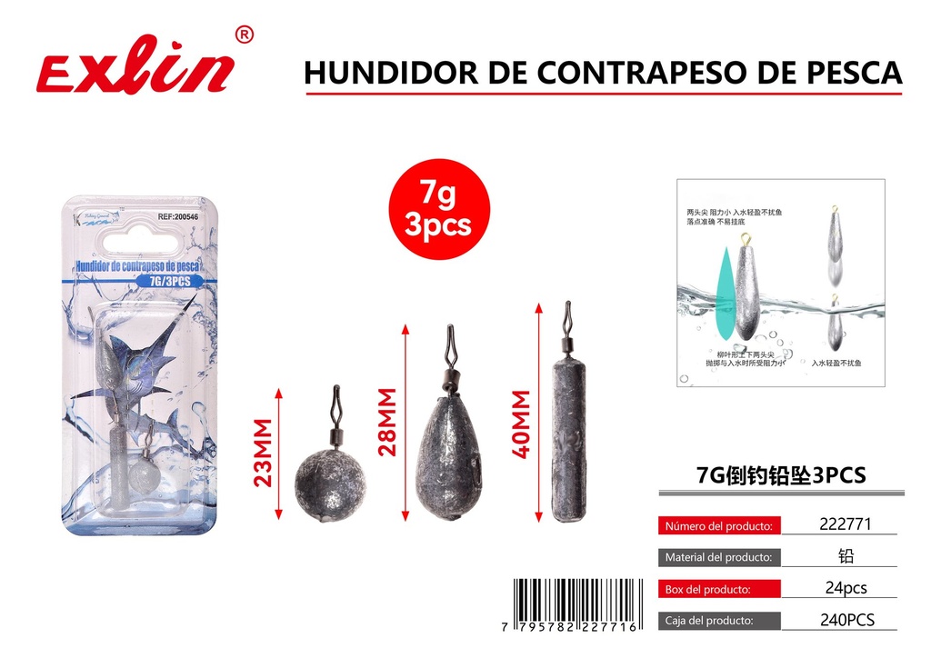 [222771] 7G 3PCS Reverse Fishing Lead Pendant