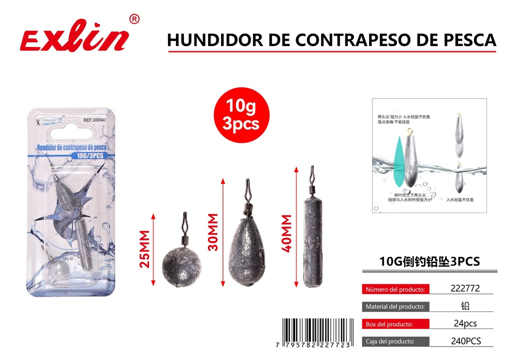 [222772] 10G 3PCS Reverse Fishing Lead Pendant