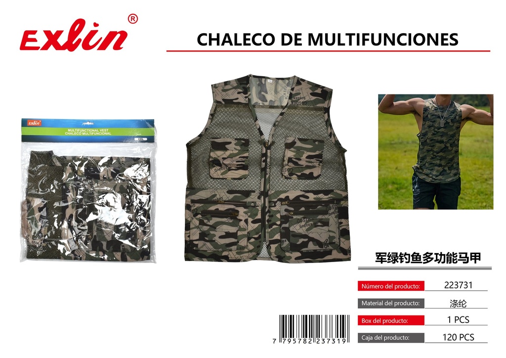 [223731] Chaleco multifuncional de pesca verde militar