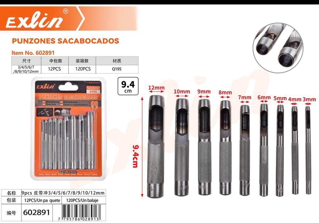 [602891] 9pcs 皮带冲3/4/5/6/7/8/9/10/12mm