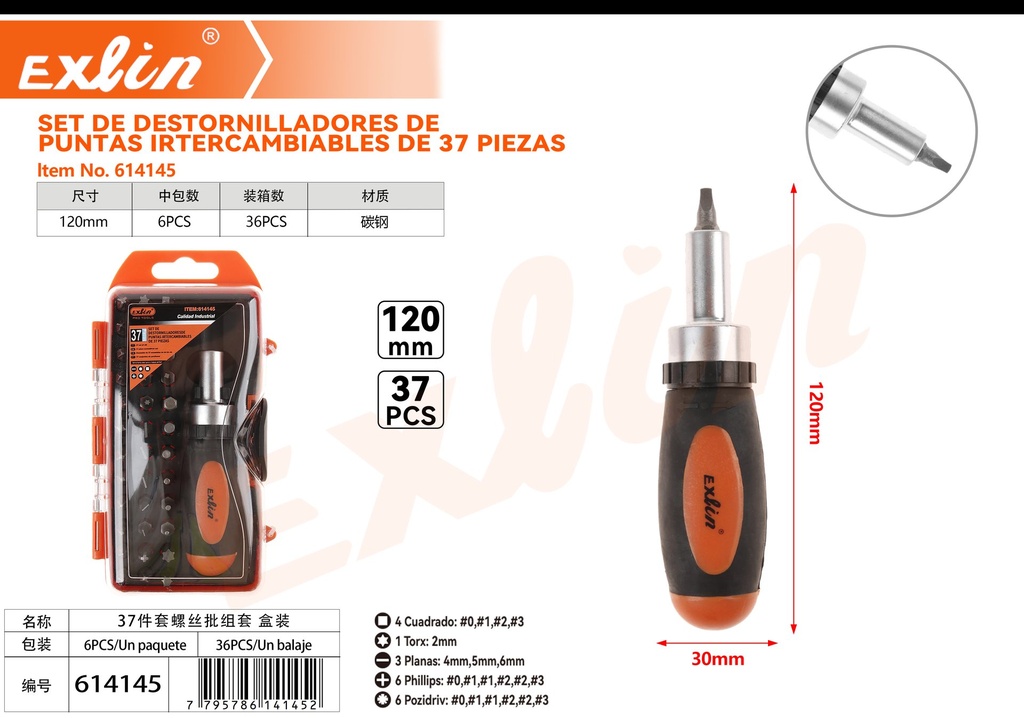 [614145] set de destornilladores de  puntas irtercambiables de 37 piezas