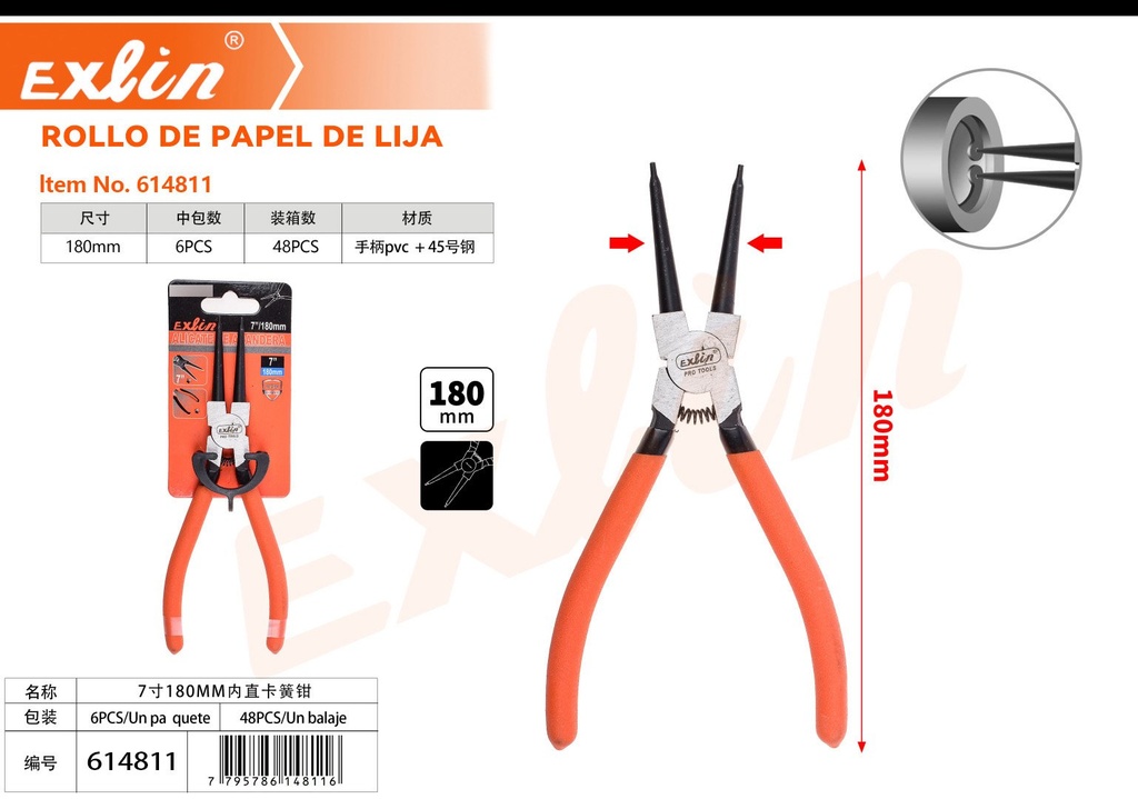 [614811] 7 inch 180 mm internal straight washer pliers